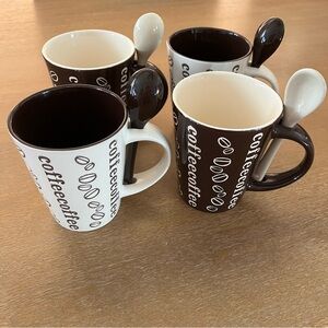 Coffee coffee mugs with coffee bean design and spoons- set of 4